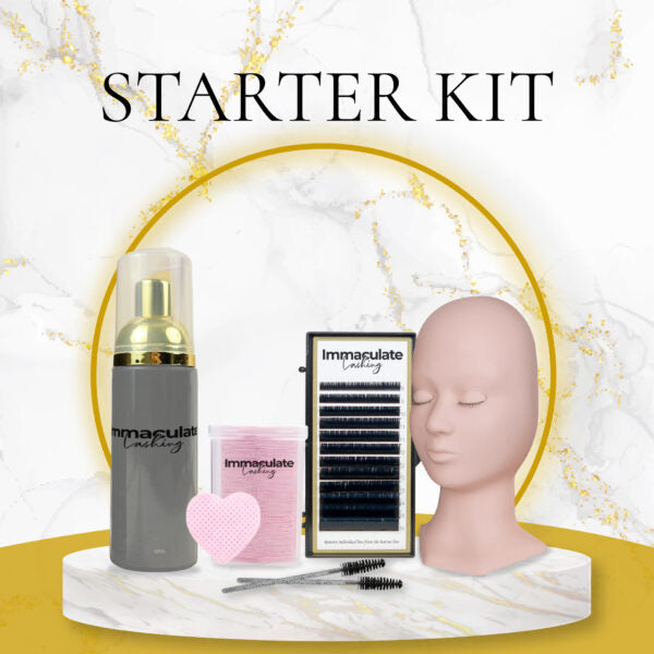 Lash starter kit graphic showing a mannequin head, lashes and tools.