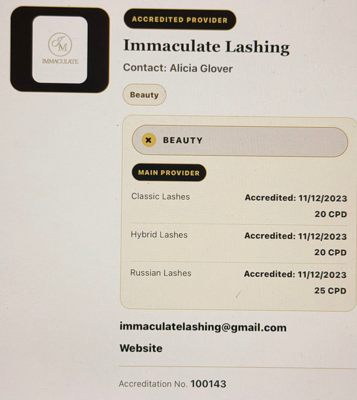 Immaculate Lashing provider listing showing accreditation for Classic, Hybrid and Russian lashes.