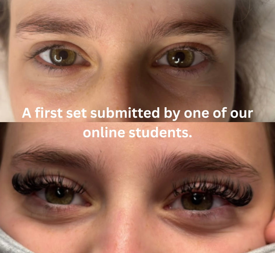Before and after photos of a student’s first lash extension set.