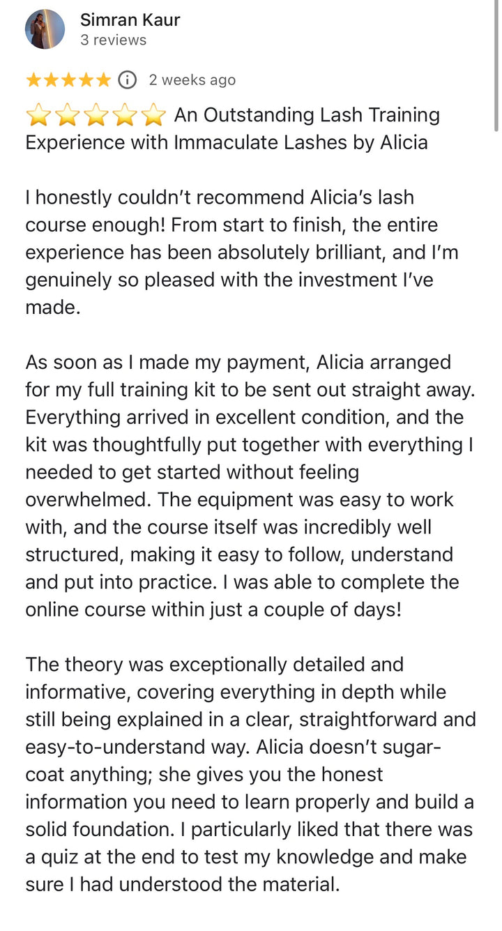 Student review describing the online lash course, training kit and theory materials.