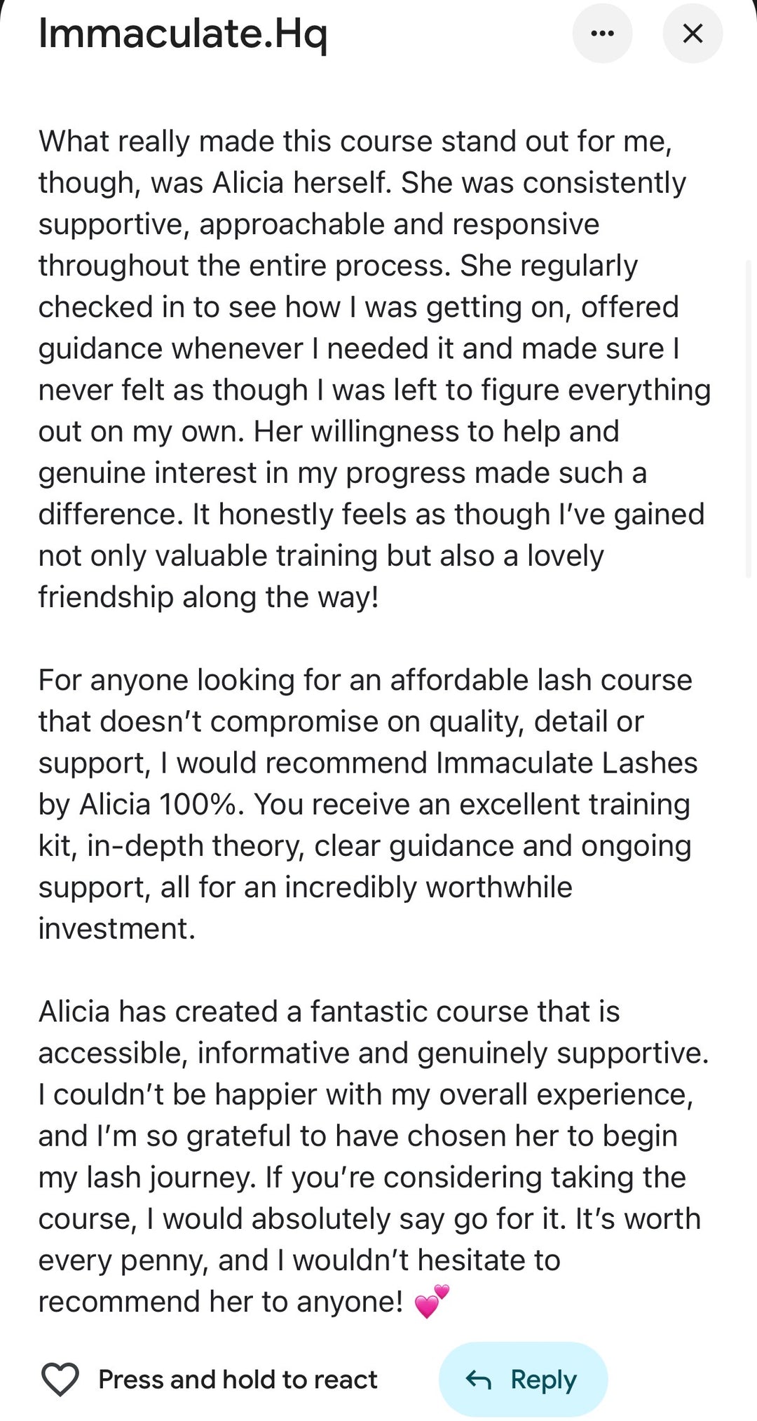 Continuation of a student review praising Alicia’s support and the lash course.